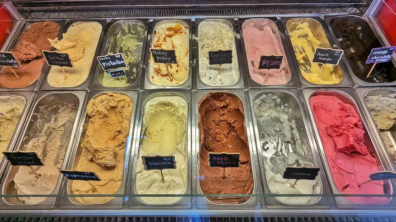 Een gekoelde ijsvitrine met twee rijen metalen bakken vol schepijs in verschillende kleuren, zoals chocolade, vanille, pistache en rood vruchtenijs, elk met een klein zwart bordje met de smaak.